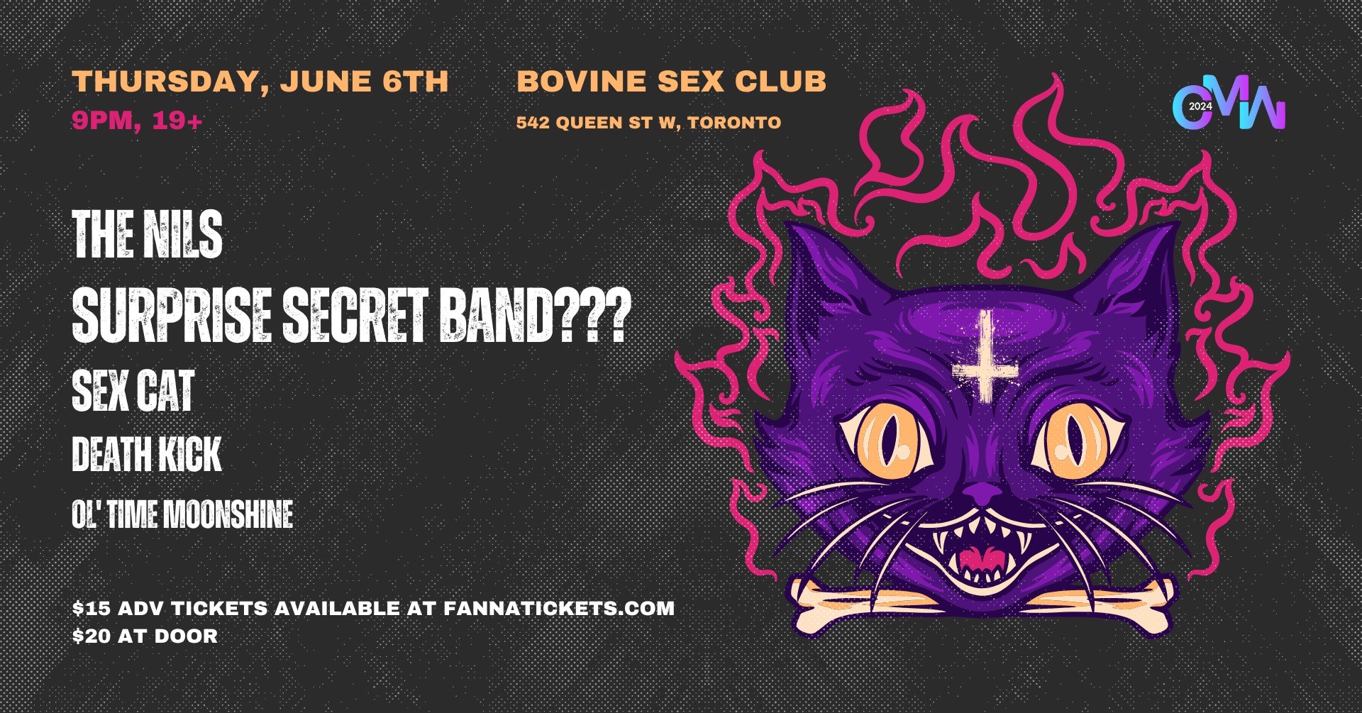 CMW: THE NILS, SURPRISE SECRET BAND???, SEX CAT, DEATH KICK, OL TIME  MOONSHINE at BOVINE SEX CLUB (Toronto) | Fannatickets